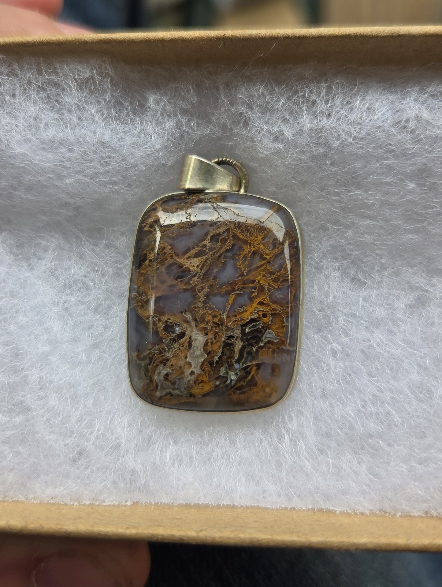 Moss Agate Necklace Pendant with Block Pattern Engraving - Sterling Silver