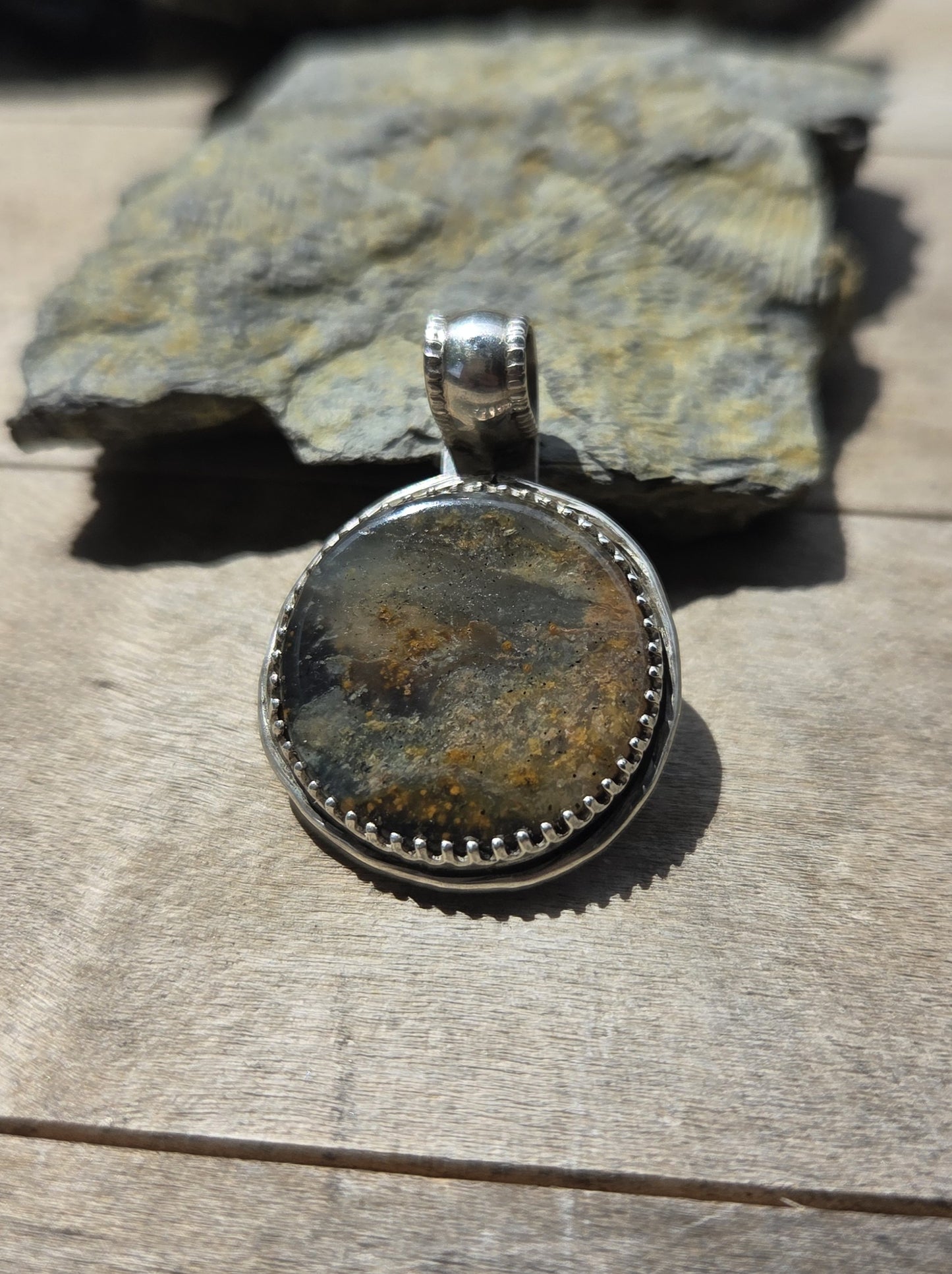 Bogwood Agate Necklace Pendant with Swirl Engraving - Sterling Silver