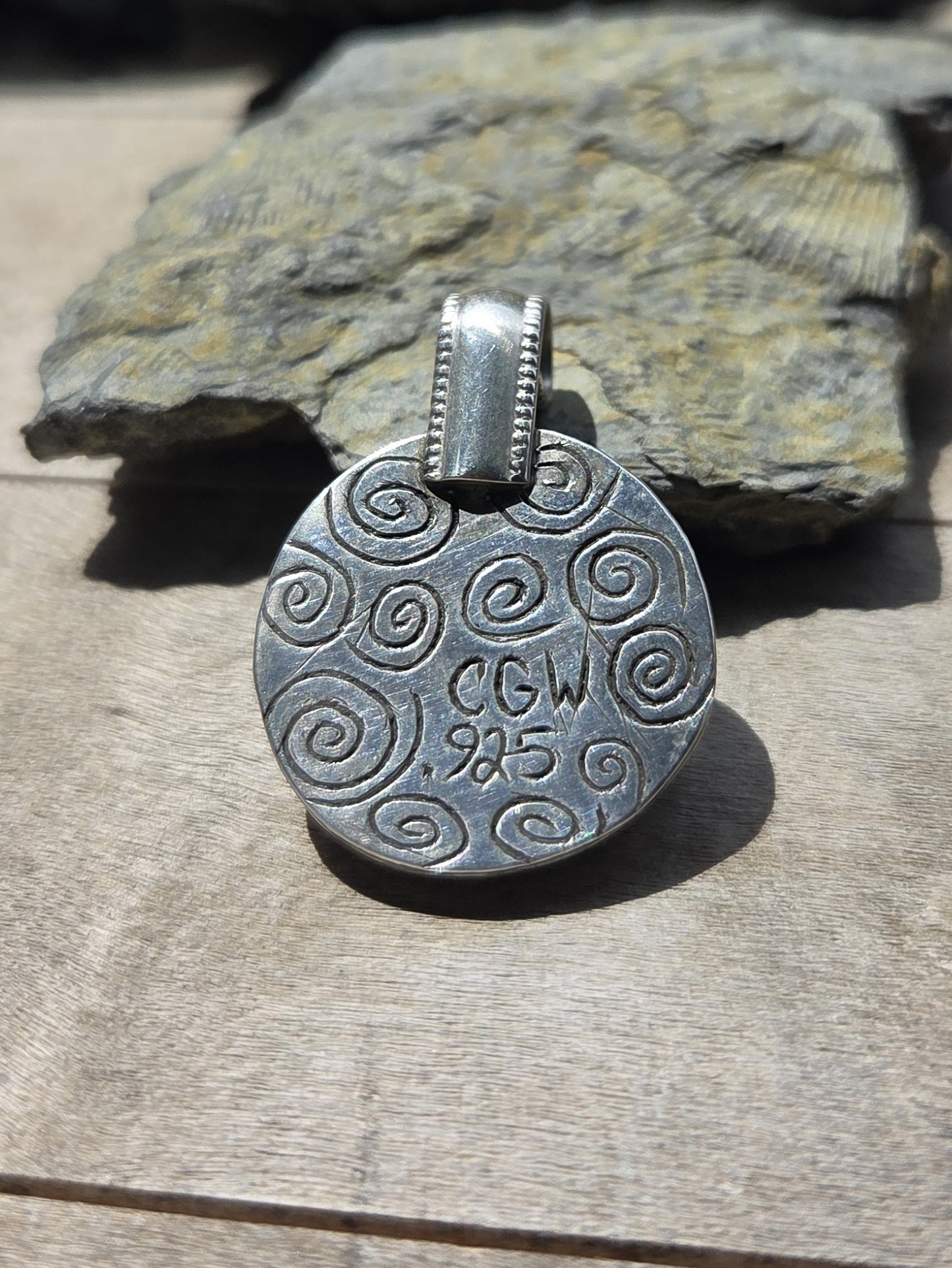 Bogwood Agate Necklace Pendant with Swirl Engraving - Sterling Silver