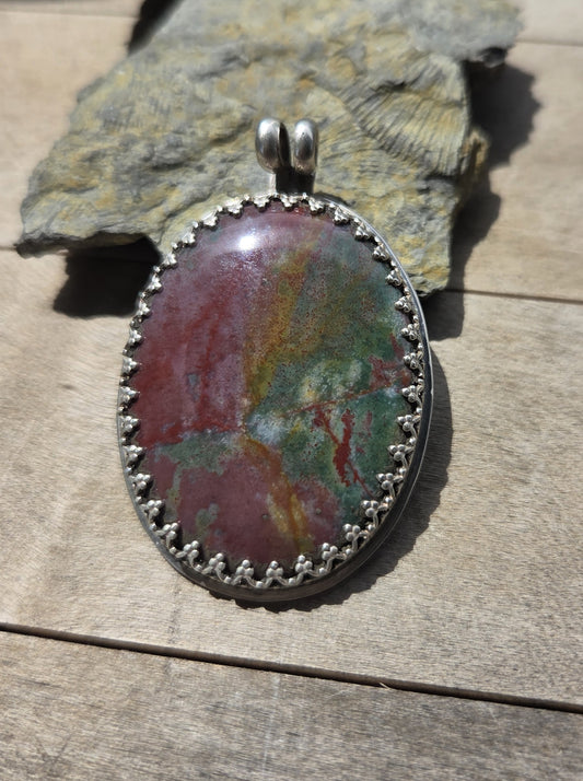 Bloodstone Necklace Pendant with Owl Engraving, Silver Setting