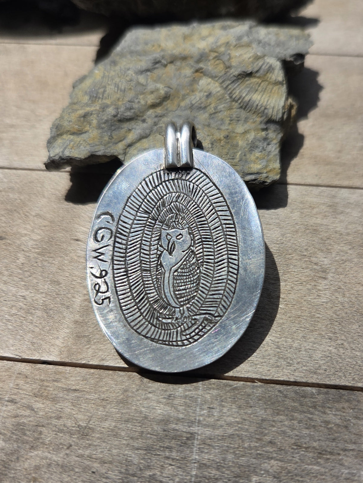 Bloodstone Necklace Pendant with Owl Engraving, Silver Setting