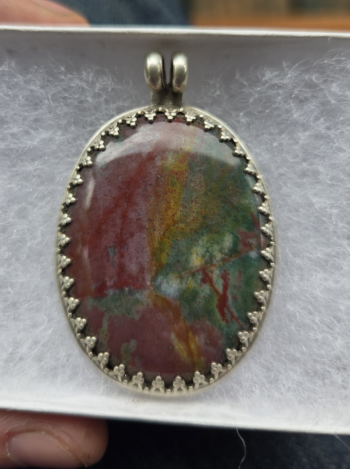 Bloodstone Necklace Pendant with Owl Engraving, Silver Setting