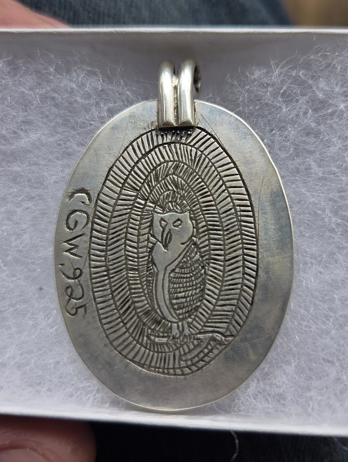 Bloodstone Necklace Pendant with Owl Engraving, Silver Setting