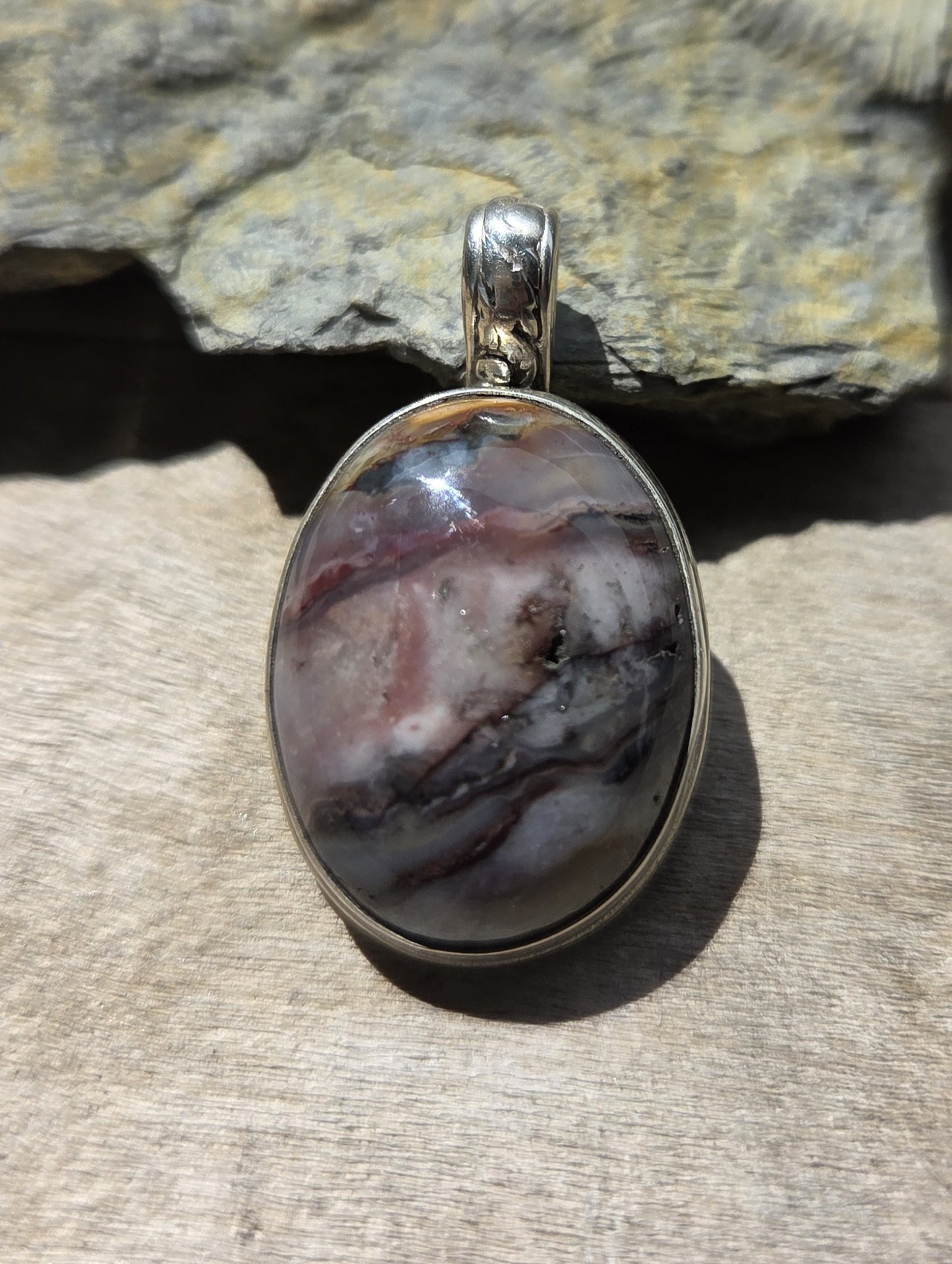 Jupiter Jasper Necklace Pendant with Abstract Design Engraving - Sterling Silver