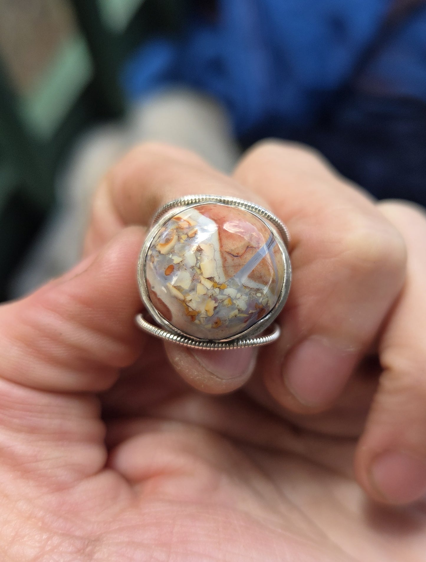 Cotton Candy Agate Adjustable Ring with Flower Engraving - Sterling Silver