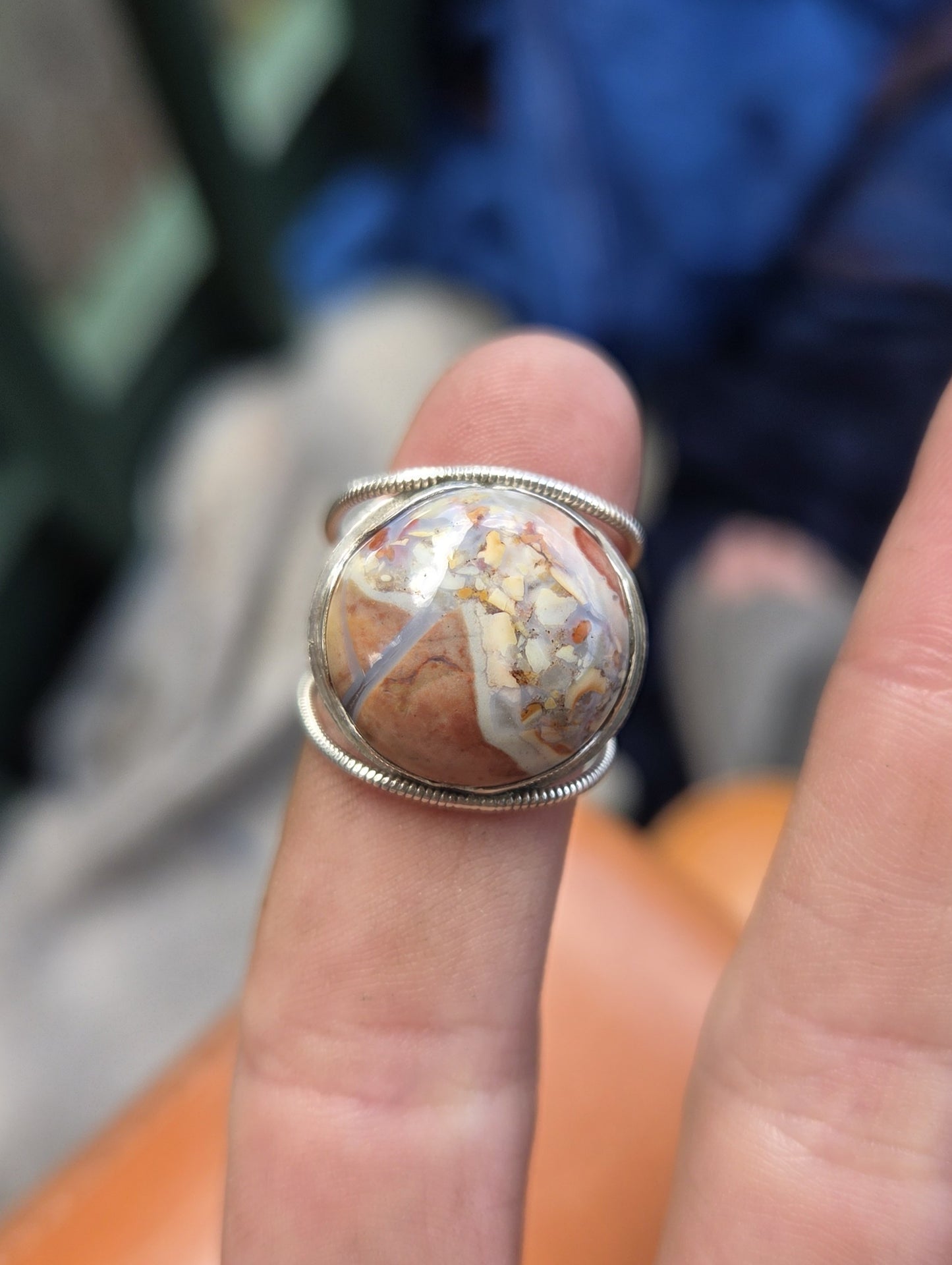 Cotton Candy Agate Adjustable Ring with Flower Engraving - Sterling Silver