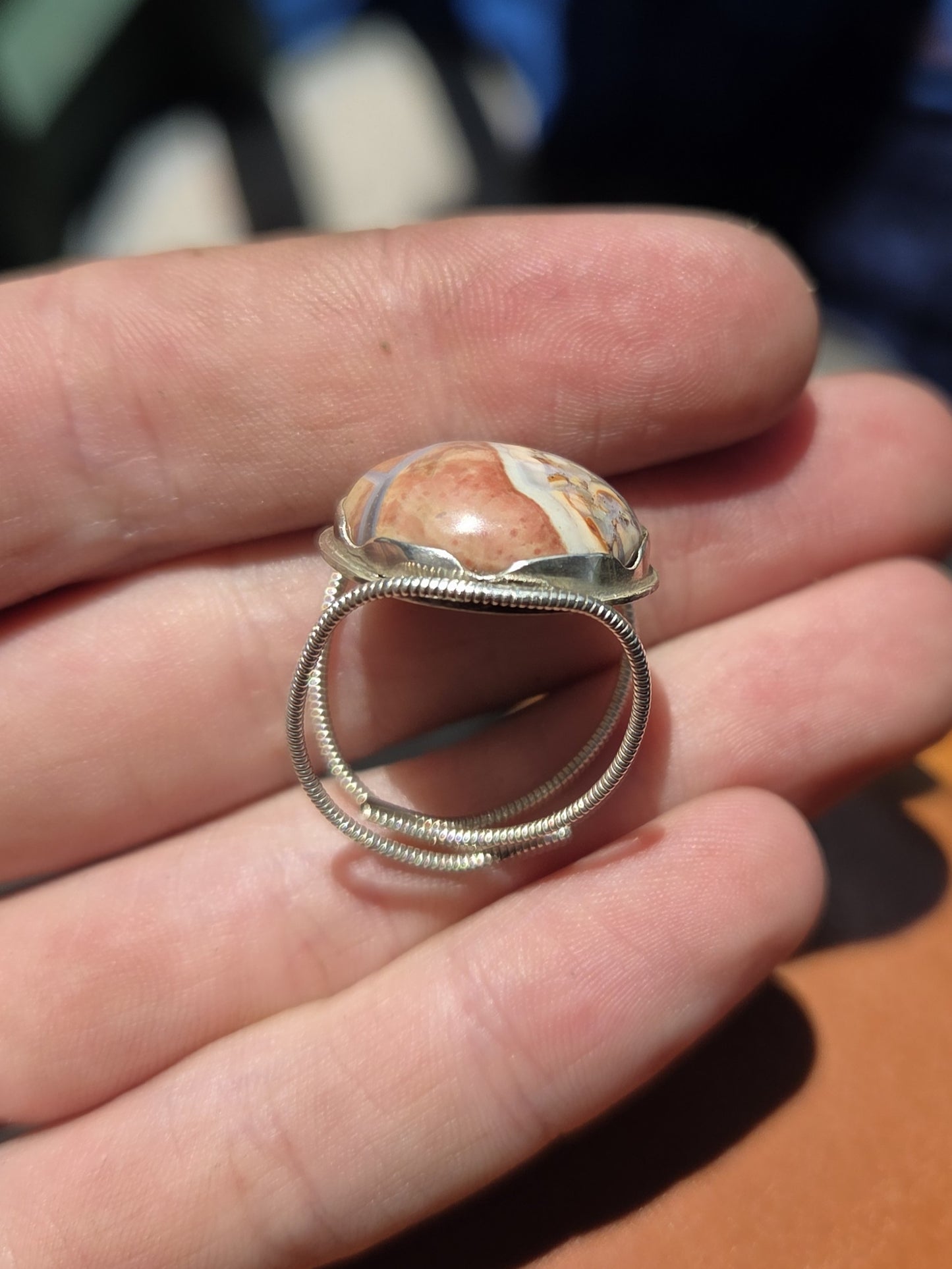 Cotton Candy Agate Adjustable Ring with Flower Engraving - Sterling Silver