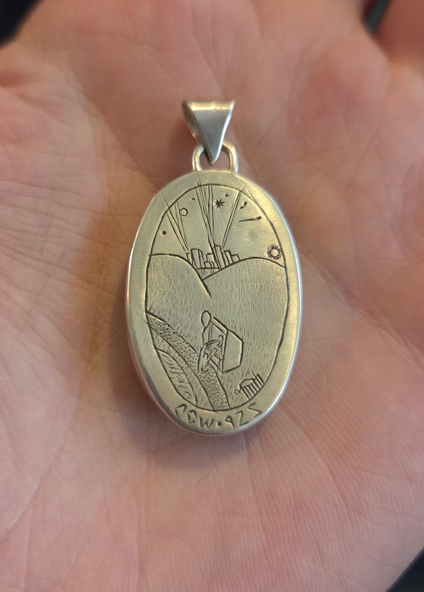 Jagate Necklace Pendant with Engraved Scene - Sterling Silver