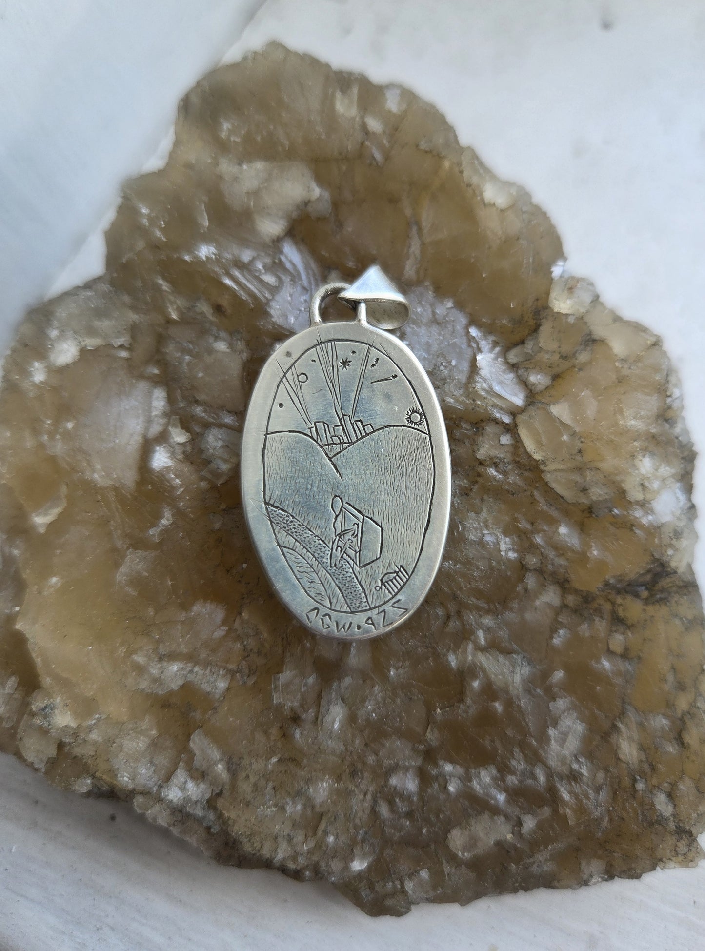 Jagate Necklace Pendant with Engraved Scene - Sterling Silver
