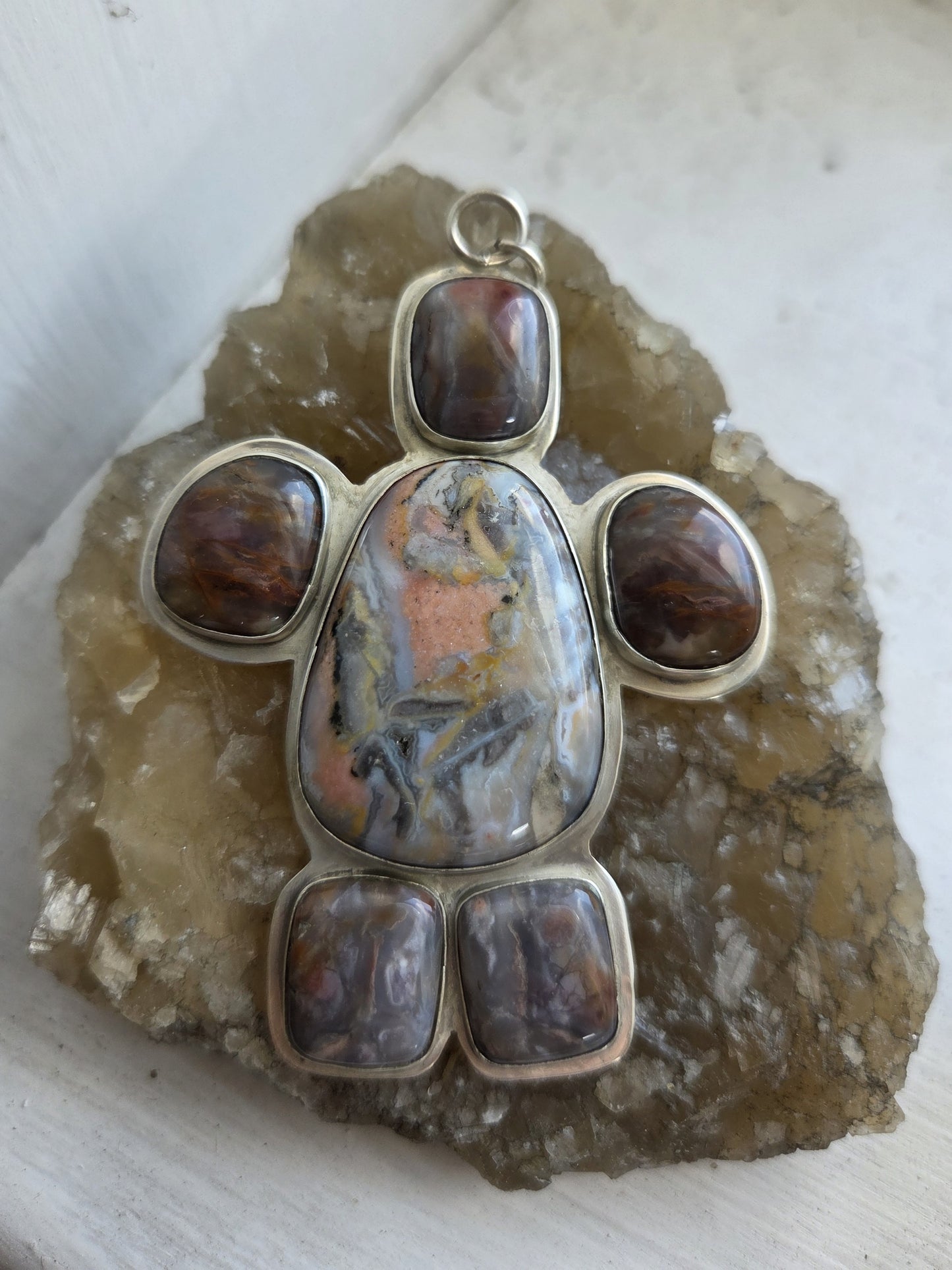Multistone Jasper Necklace Pendant with Engraved Design - Sterling Silver