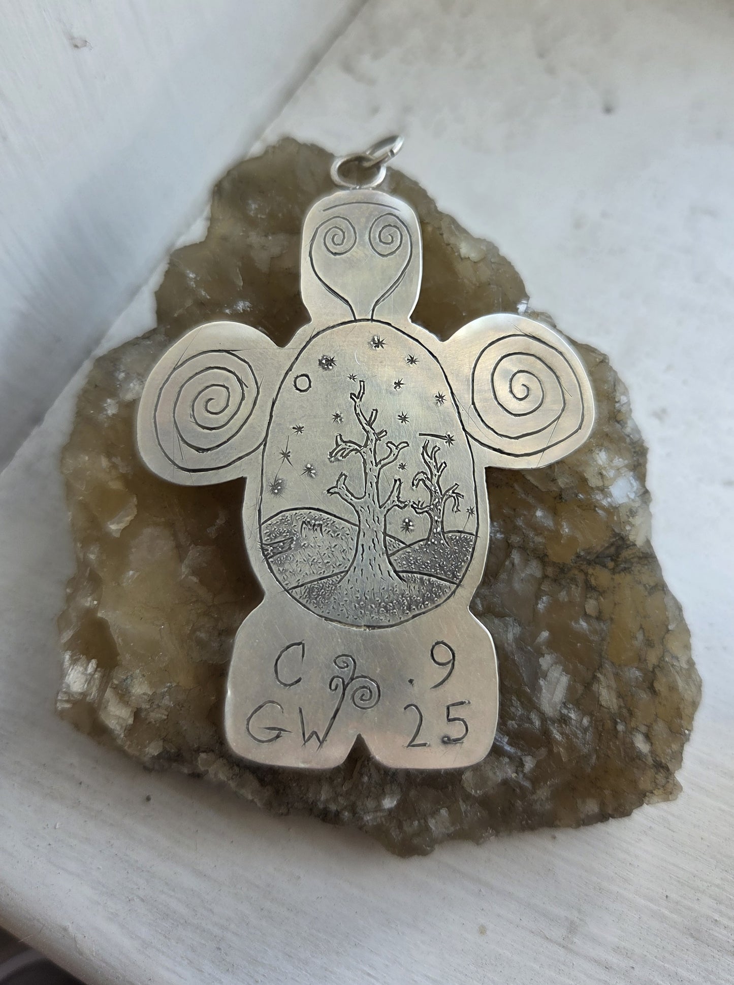 Multistone Jasper Necklace Pendant with Engraved Design - Sterling Silver