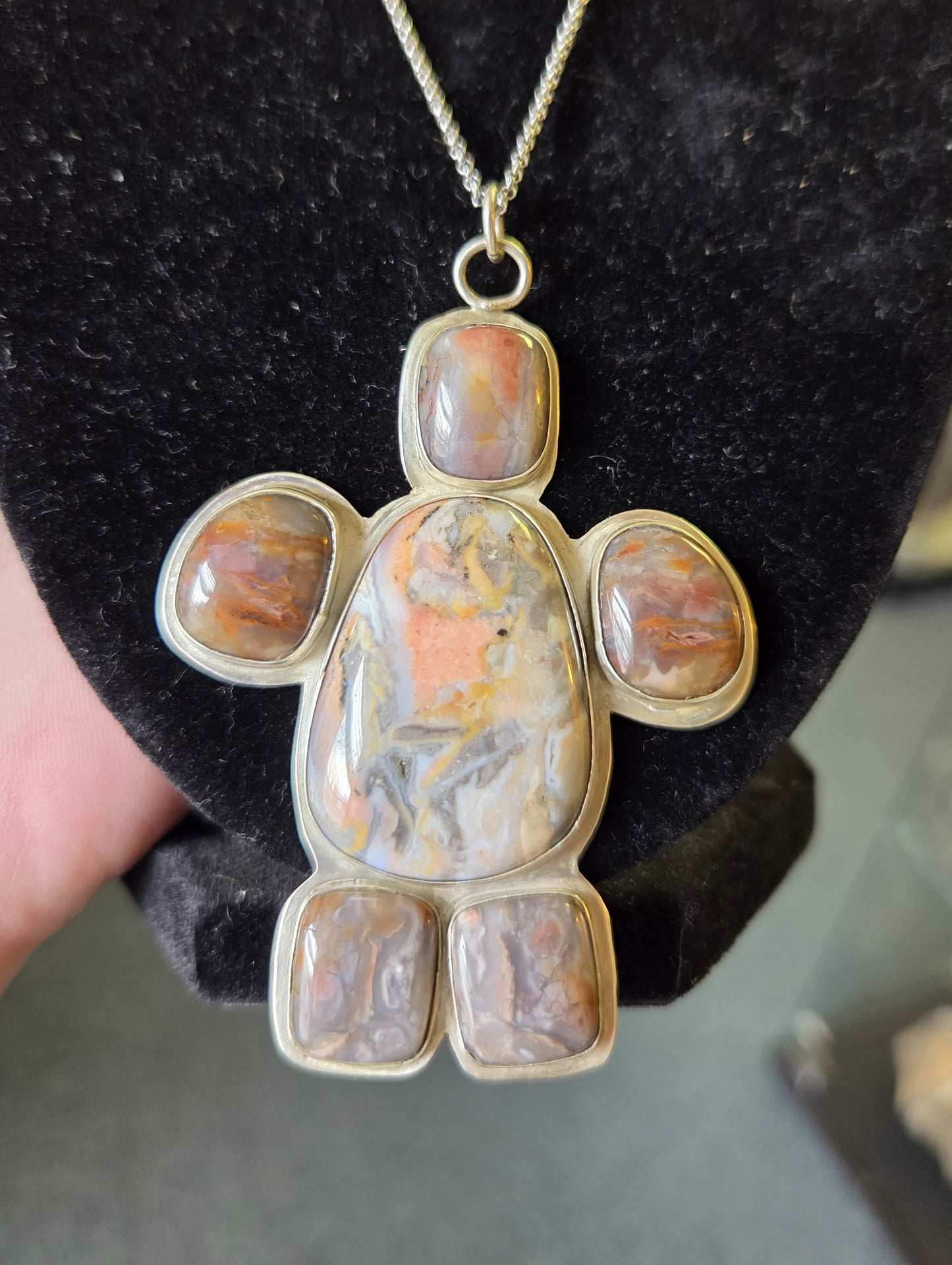 Multistone Jasper Necklace Pendant with Engraved Design - Sterling Silver
