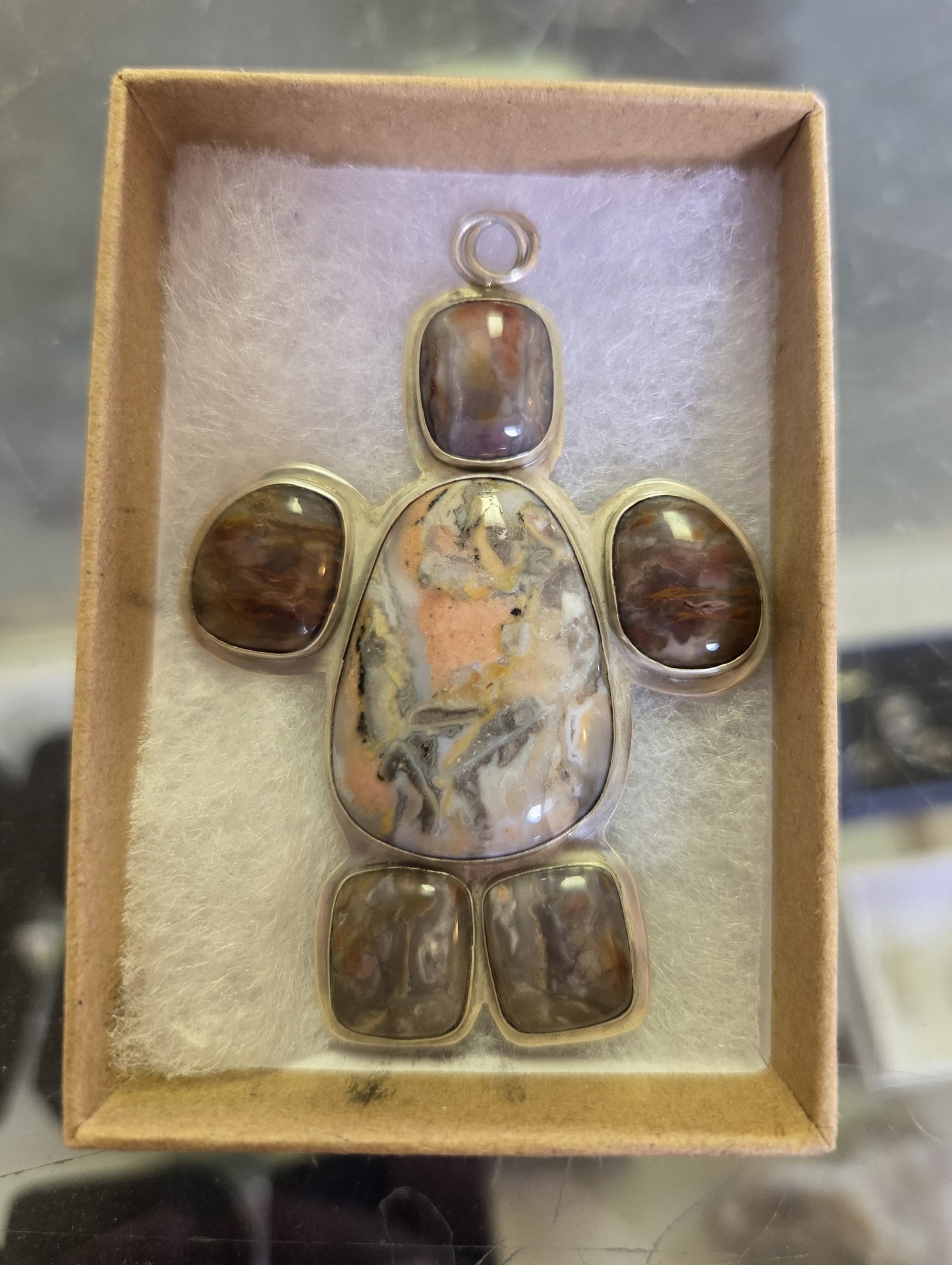 Multistone Jasper Necklace Pendant with Engraved Design - Sterling Silver