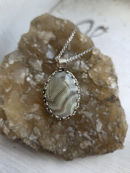 Crazy Lace Agate Pendant, Silver Necklace