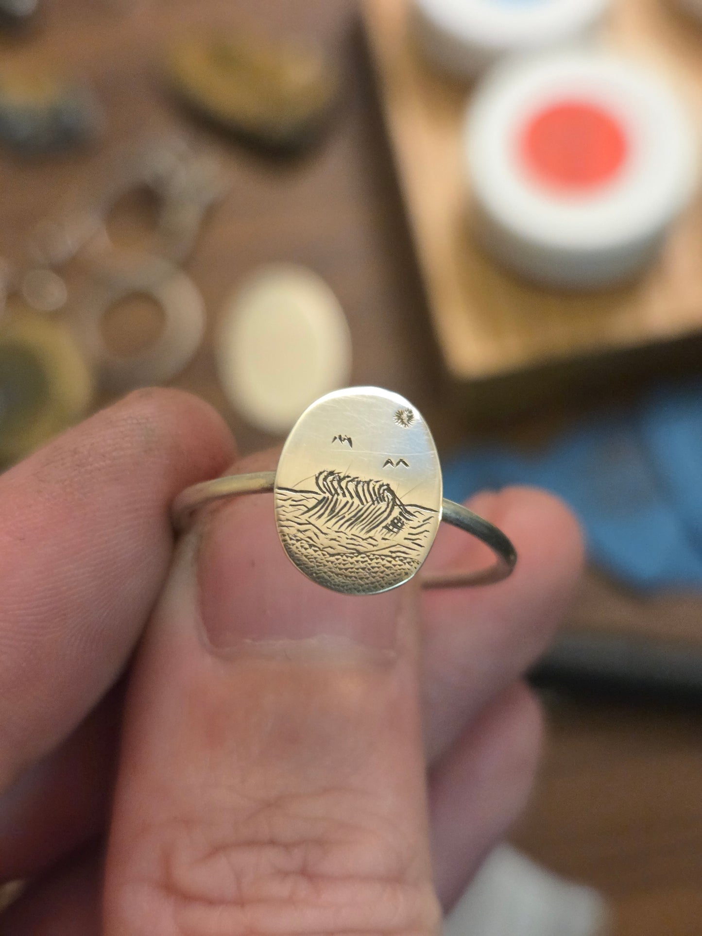 Ocean Wave Scene Engraved Ring - Size 9 Sterling Silver