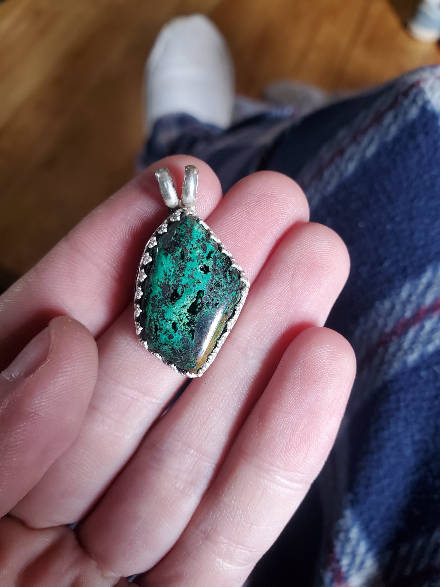 Chrysocolla Sterling Silver Smithed Pendant